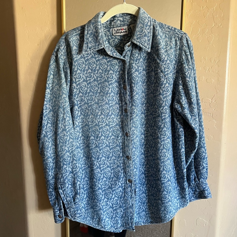Lemon Grass 100% Cotton Chambray Rose Floral Patterned Button Up Shirt Size M
